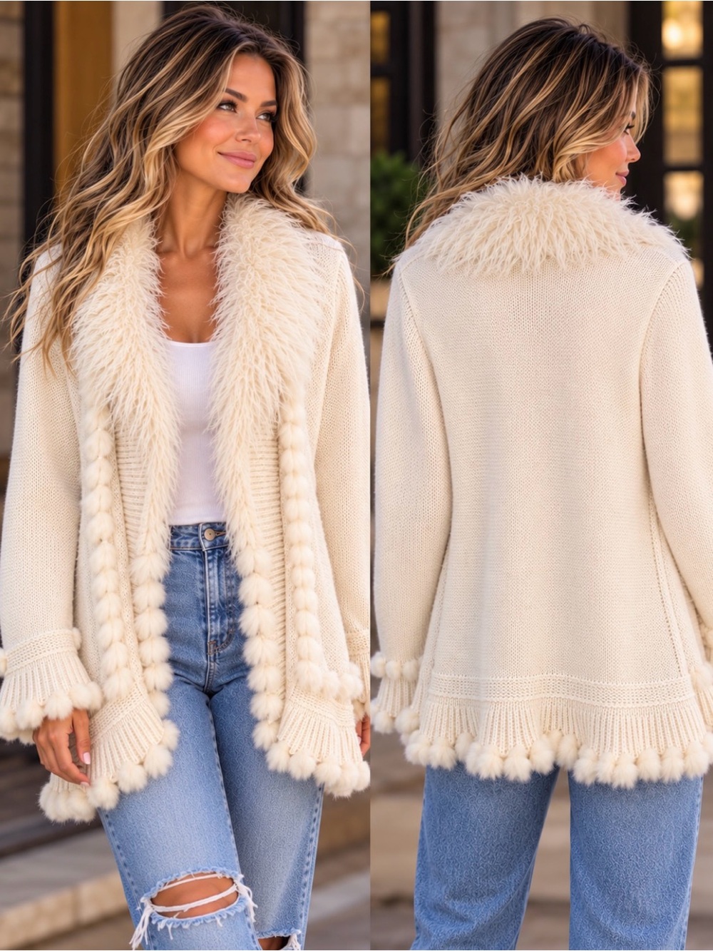 Faux-Fur Trim Cream Open-Front Knit Cardigan